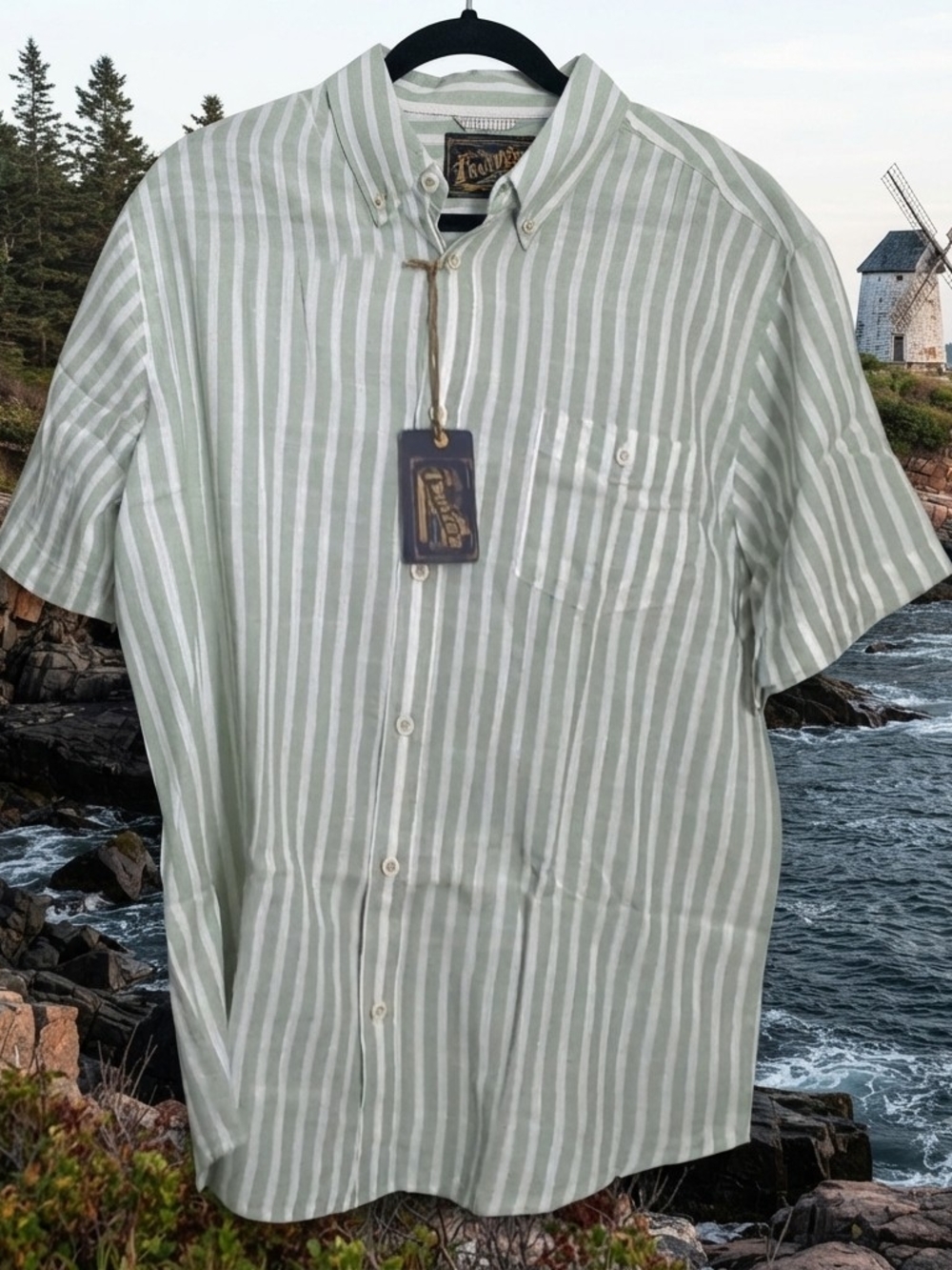 Frontier Threads by Weatherproof Men's XL Green/White Striped Button-Up Pockets
